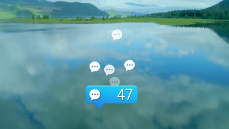 floating chat bubbles with blue alert marking forty-two gliding over calm lakeside flat design