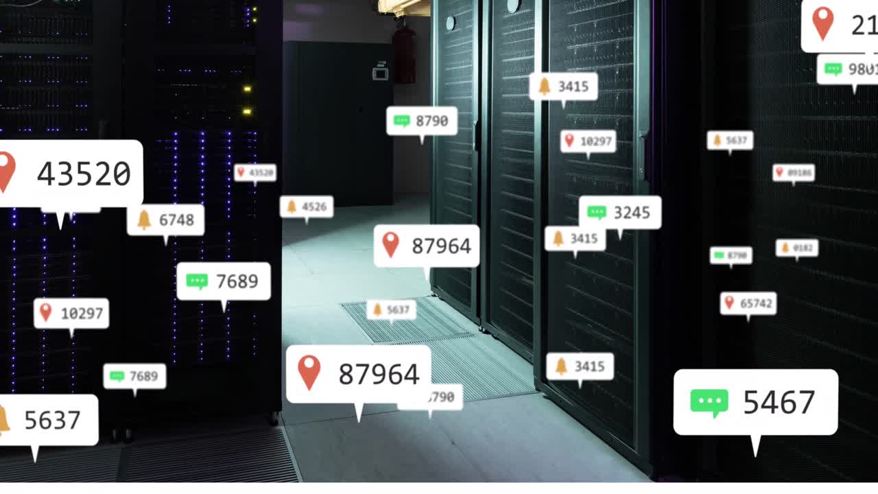 데이터 서버 랙 위의 알림 및 숫자 아이콘의 애니메이션