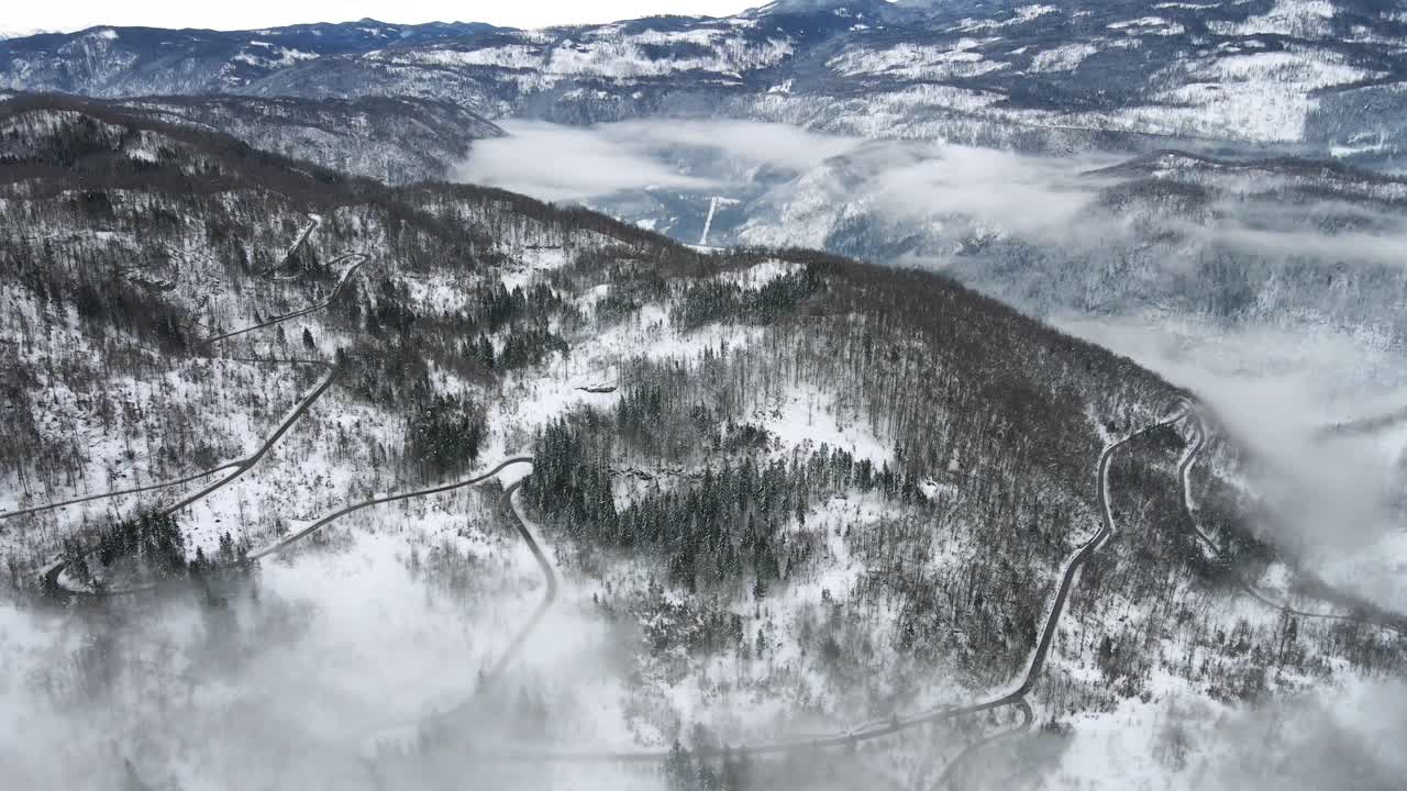위에서 공중 접근 눈 덮인 겨울 산 소나무 도로