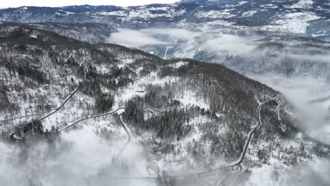 aerial approaching snowed winter mountain pine trees road from above