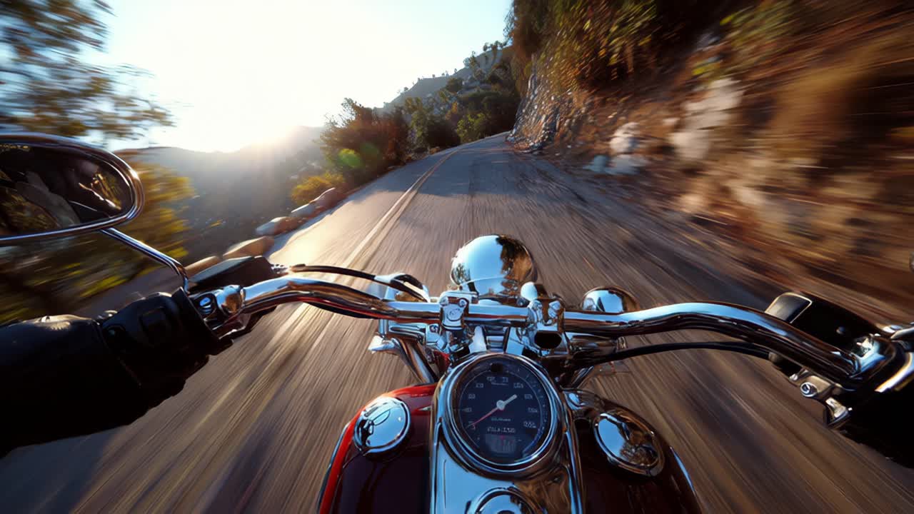 Traveling freely motorcyclist riding down winding road amidst scenic mountains
