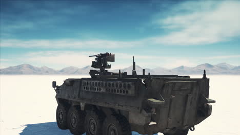 military tank in the white desert