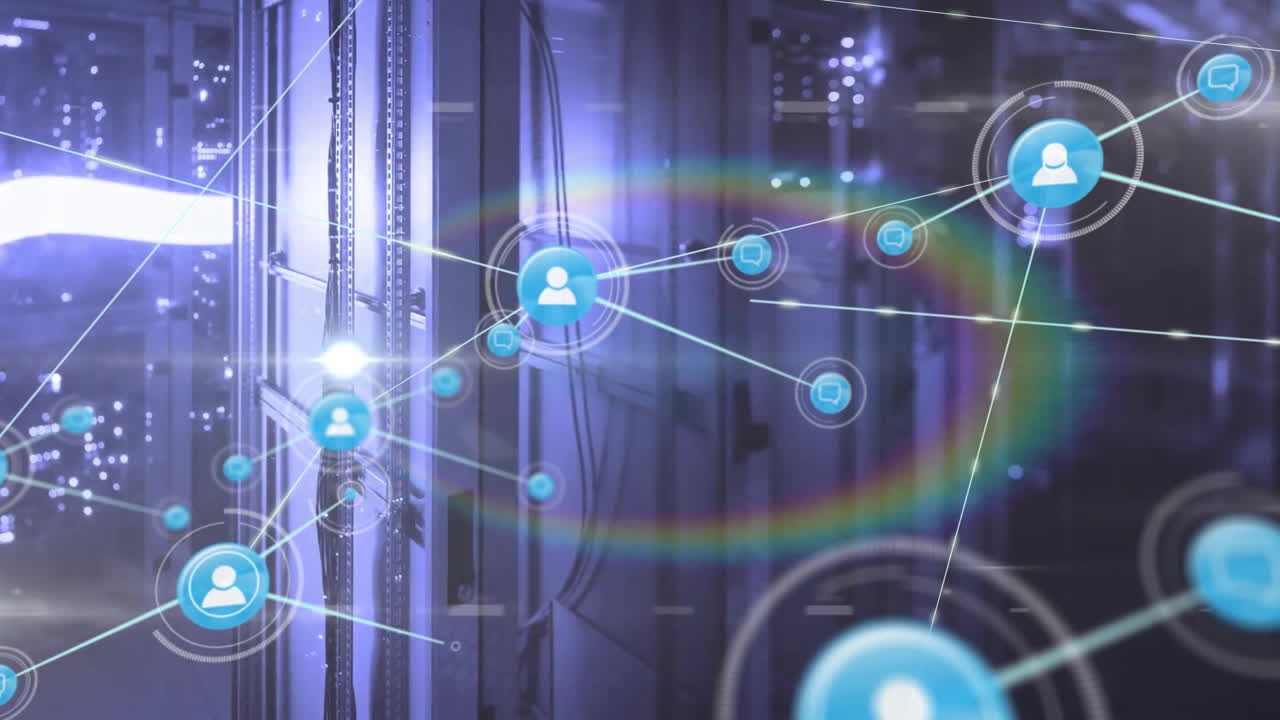 아이콘과 데이터 처리를 통해 컴퓨터 서버를 통해 연결 네트워크의 애니메이션