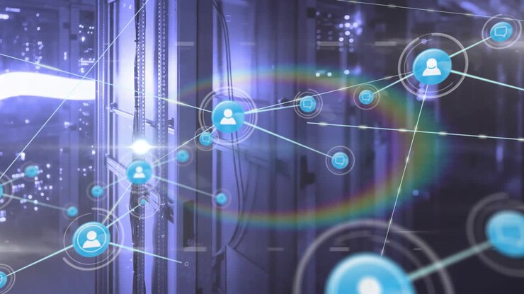 Animation of network of connections with icons and data processing over computer servers