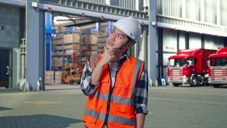 asian male engineer with safety helmet thinking and looking around then raising his index finger while standing , outside of logistics distributions warehouse
