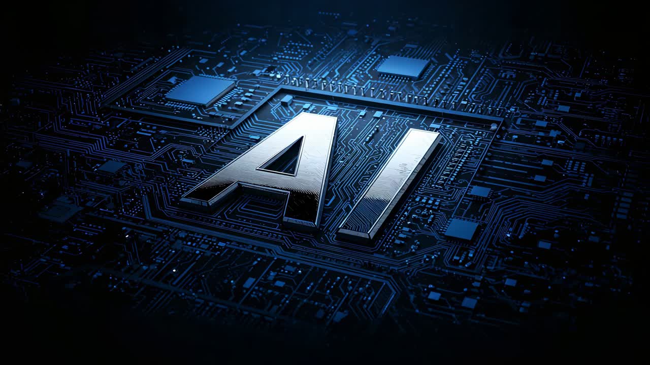 Moving camera bringing metallic AI badge closer on blue PCB, tilting and revealing chips and traces