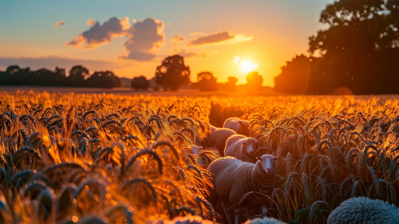 Sheep grazing in golden sunset field. Sheep peacefully graze in a wheat field during a vibrant sunset, creating a serene rural scene