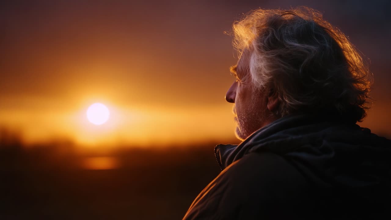 Momente der Reflexion: Ein Mann beobachtet einen wunderschönen Sonnenuntergang und denkt inmitten einer friedlichen Landschaft über das Leben und die Natur nach