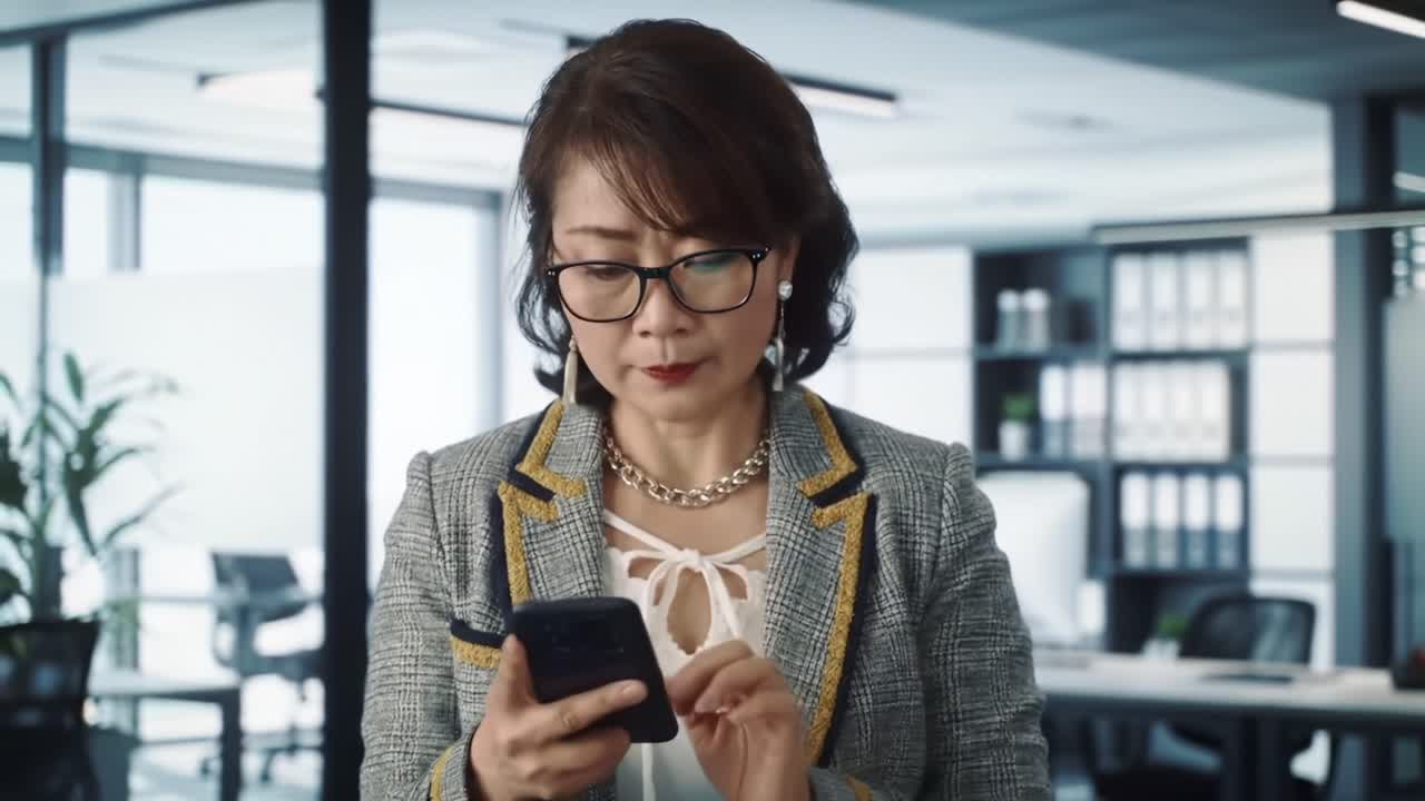 A Professional Woman Engaged in Mobile Communication Inside a Modern Office Setting, Demonstrating Focus and Concentration in a Business Environment