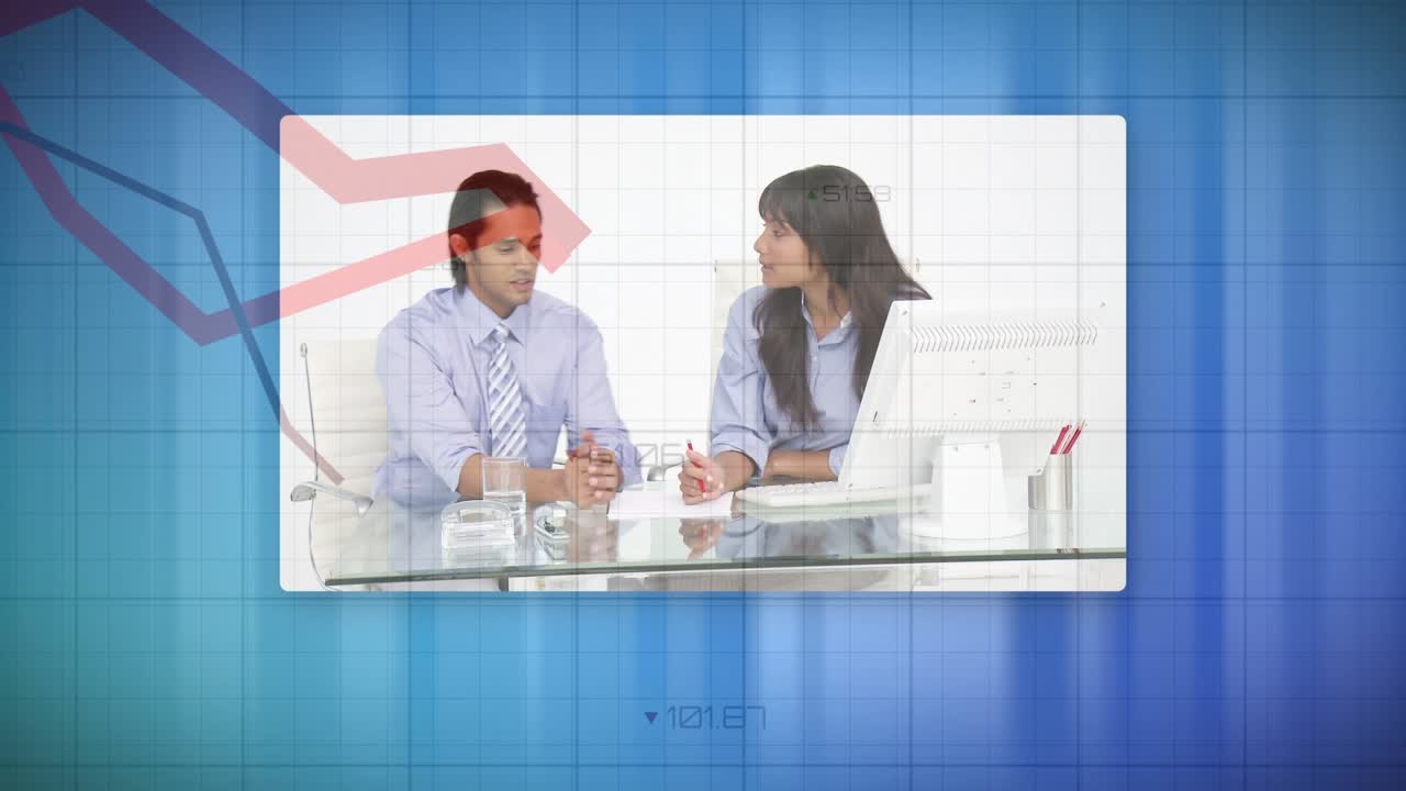 Animation of financial data processing over diverse business people