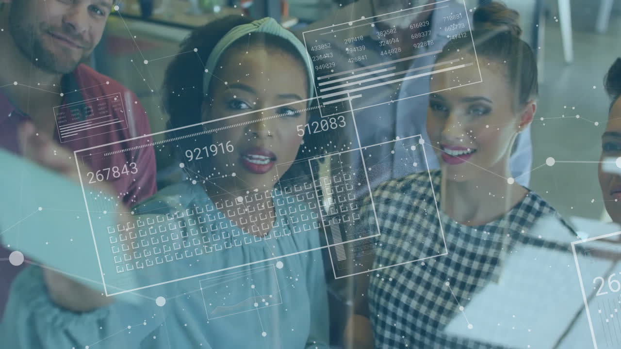 Animation of connections and data processing over diverse colleagues having meeting in office