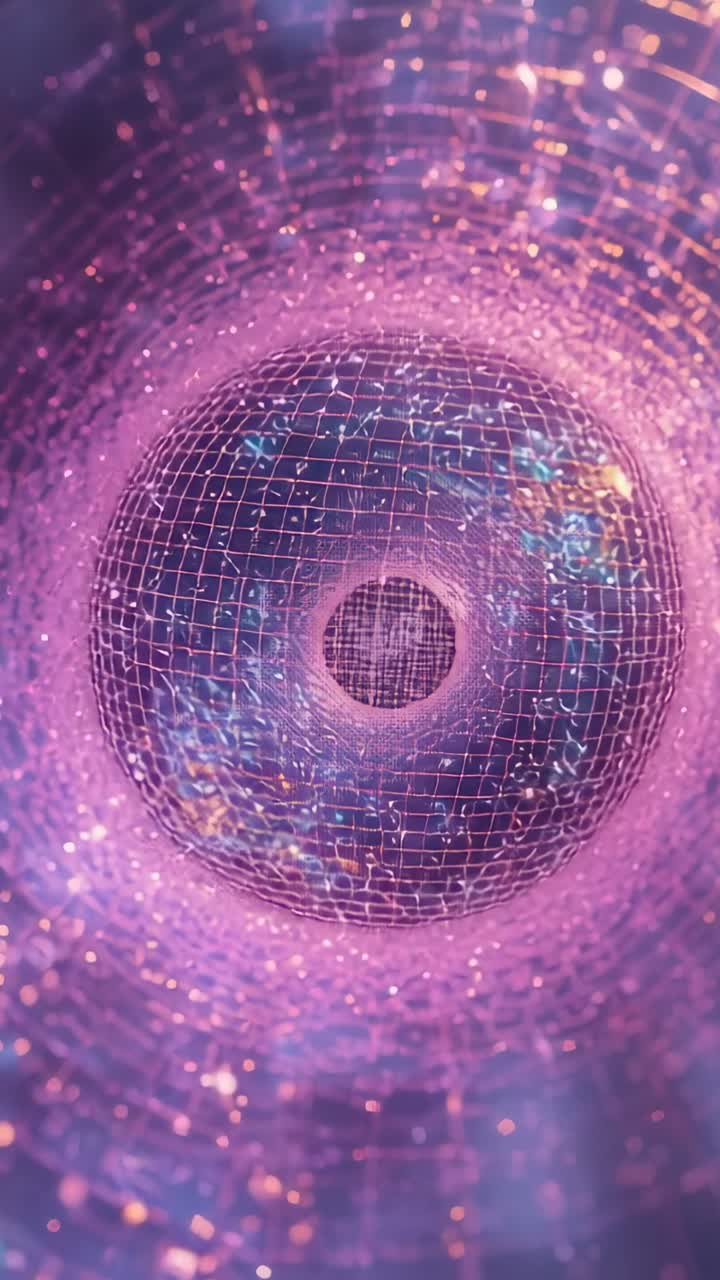 Video verticale: Telecamera in movimento che mostra una griglia rotonda che ruota in un tunnel luminoso, con particelle che creano l'impressione di movimento.