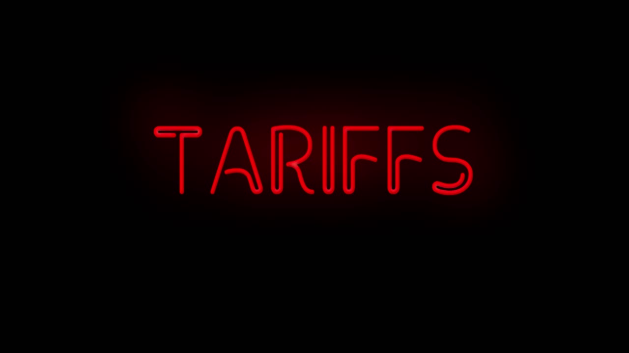Flashing TARIFFS Red Neon Sign flashing on and off with flicker 4K