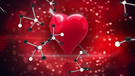 Digital-animation-of-molecular-structures-against-red-heart-spinning-on-black-background