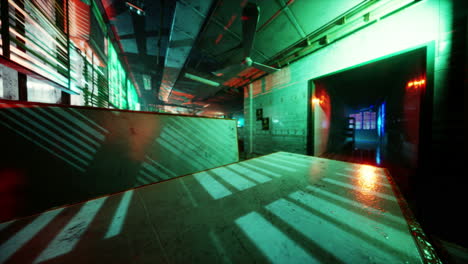 abandoned industrial corridor with neon lighting