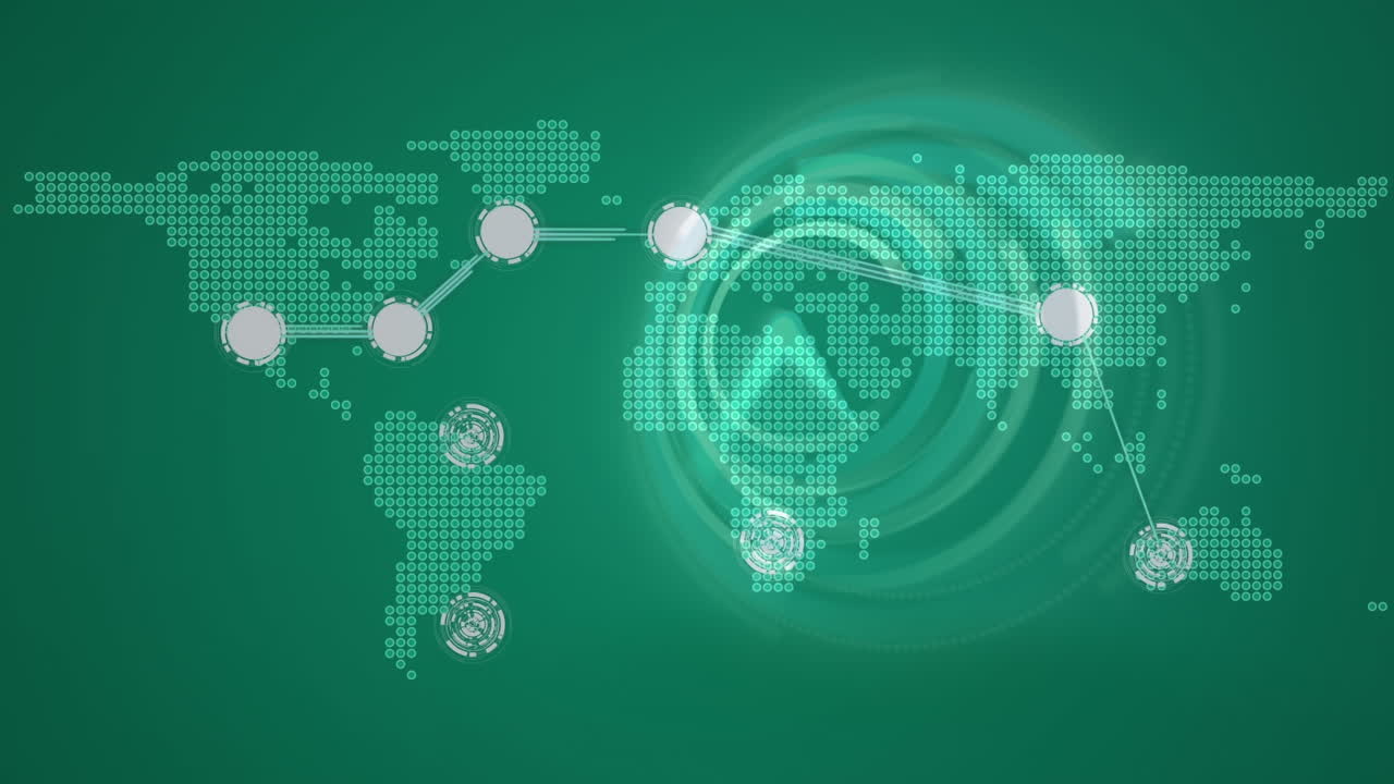 세계 지도를 가로질러 움직이는 시계와 연결 네트워크의 애니메이션