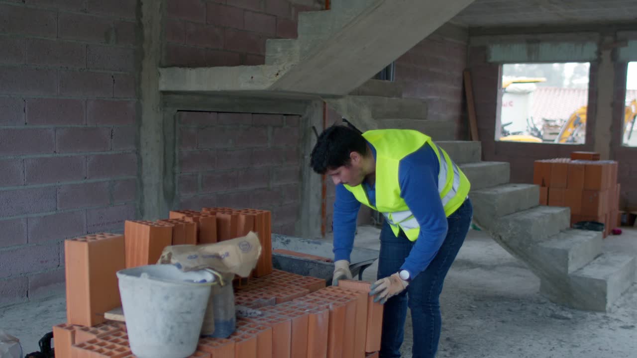 4k cámara lenta de un trabajador de la construcción en un chaleco de seguridad y guantes organizando ladrillos en un sitio de construcción, mostrando el espacio de trabajo y el esfuerzo laboral.