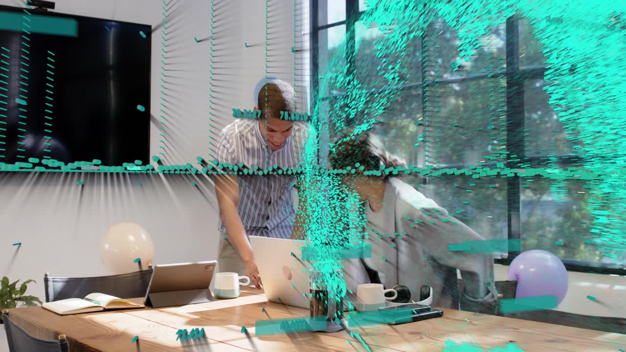 Man entering and pointing at laptop, woman collaborating as teal biz globe and data bars overlaying