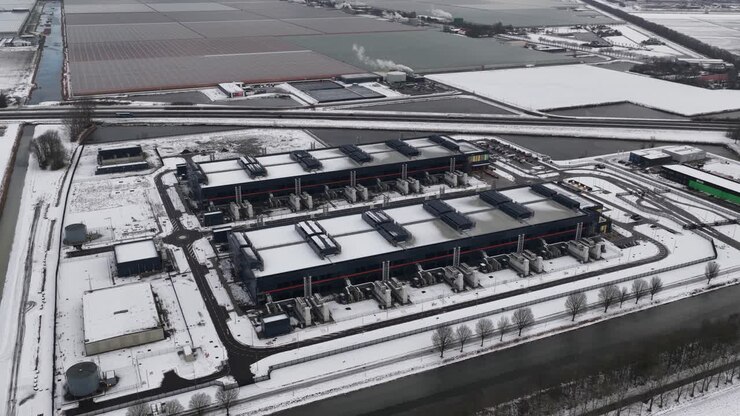 Aerial drone video of a large-scale computing and datacenter facility in winter, showcasing telecommunications infrastructure, server systems, and high-capacity digital operations