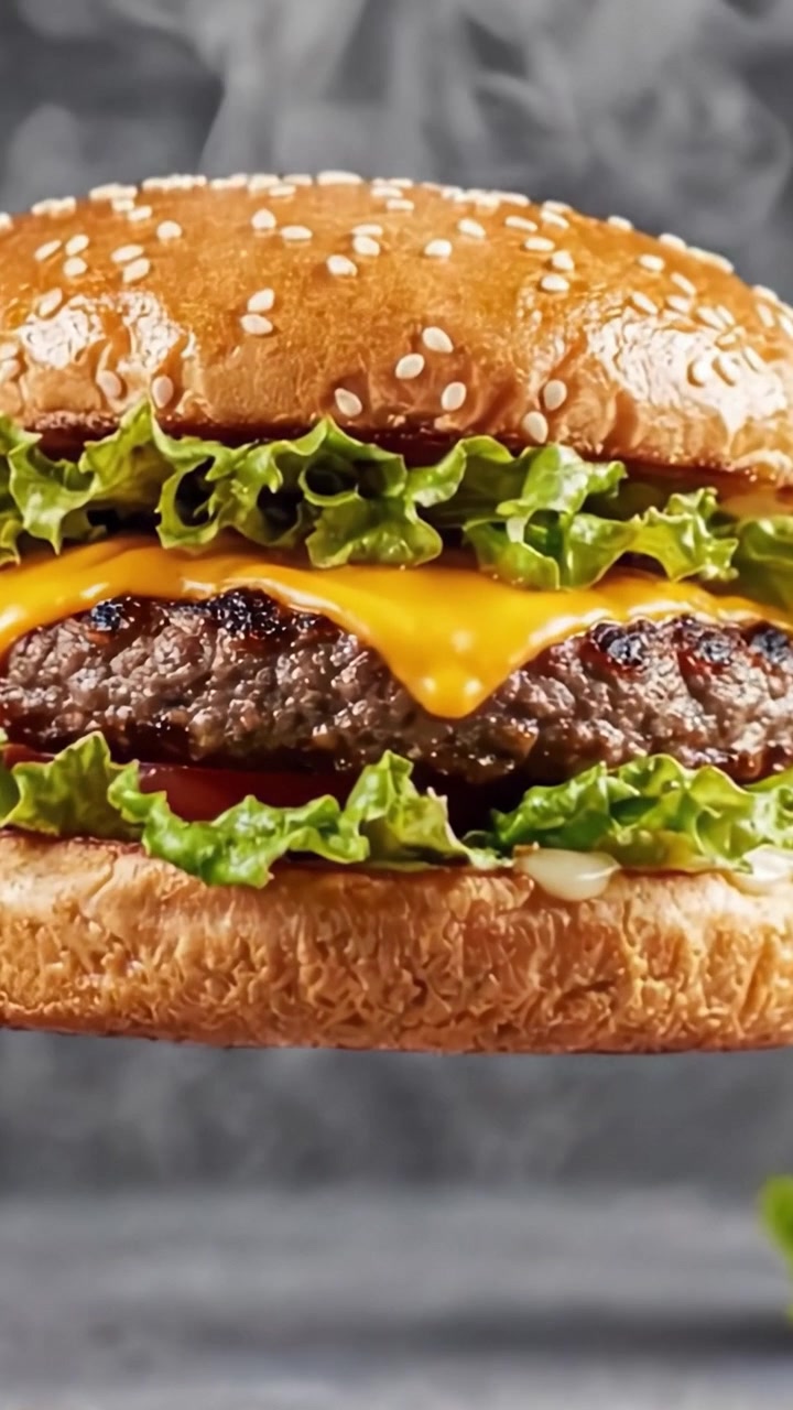 Delizioso hamburger da acquolina in bocca con succulento patty di manzo, formaggio fuso, lattuga fresca e panino ai semi di sesamo perfettamente tostato per un'esperienza di sapore suprema