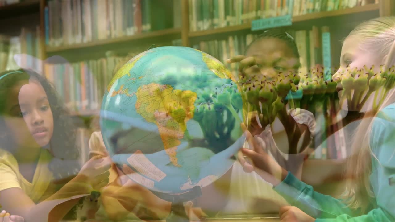 Animation of plants over diverse schoolchildren looking at globe