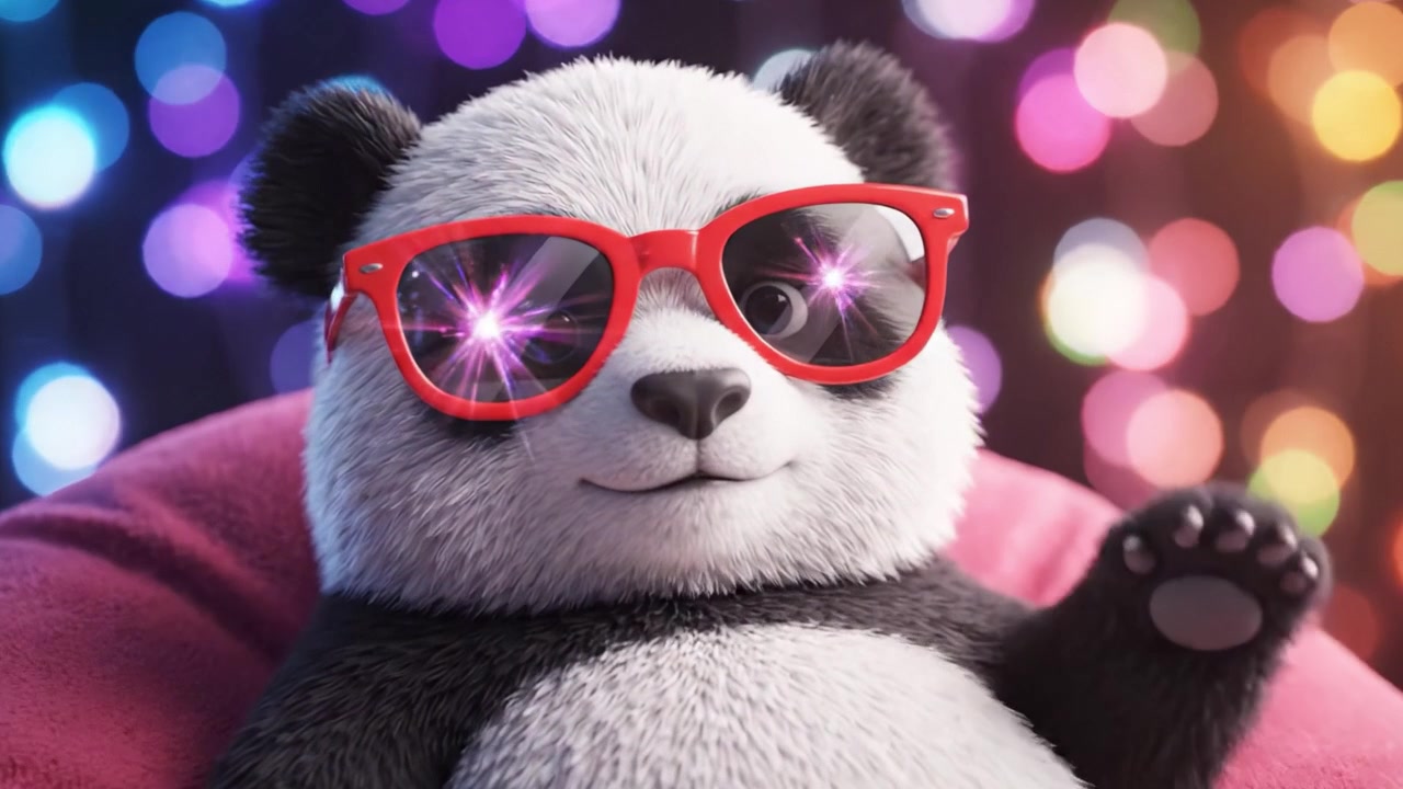 Un panda elegante con occhiali da sole seduto comodamente su un morbido pouf, circondato da uno sfondo bokeh colorato pieno di luci vivaci, che emana un'atmosfera divertente e giocosa.