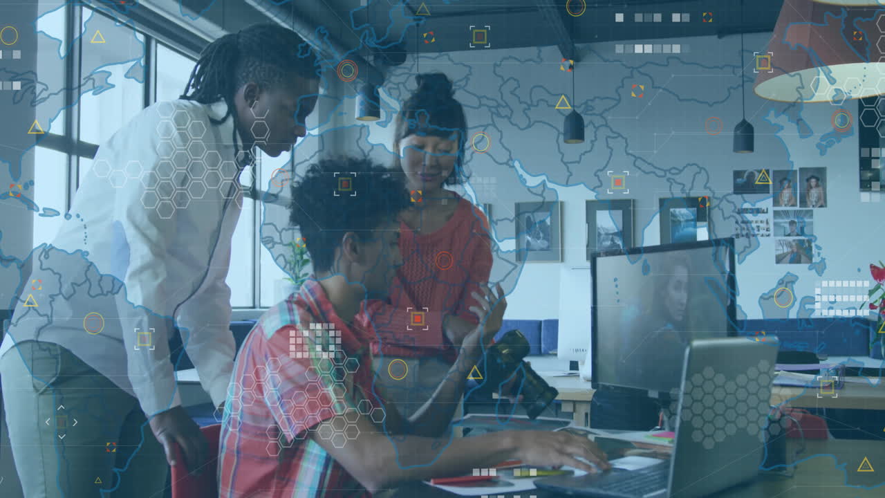 Animation of data processing and world map over diverse business people discussing work