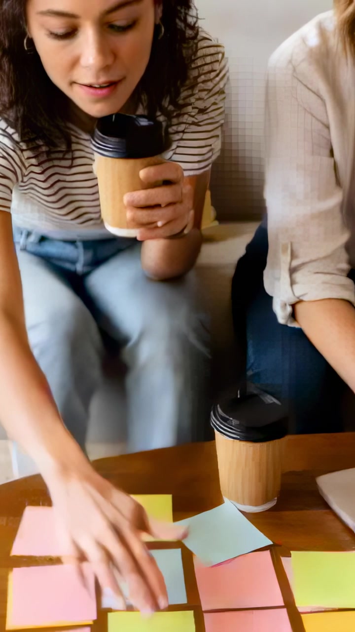 Video verticale: Con la griglia visibile, donna a sinistra a righe con una tazza che sposta appunti sul laptop sul divano per pianificare.