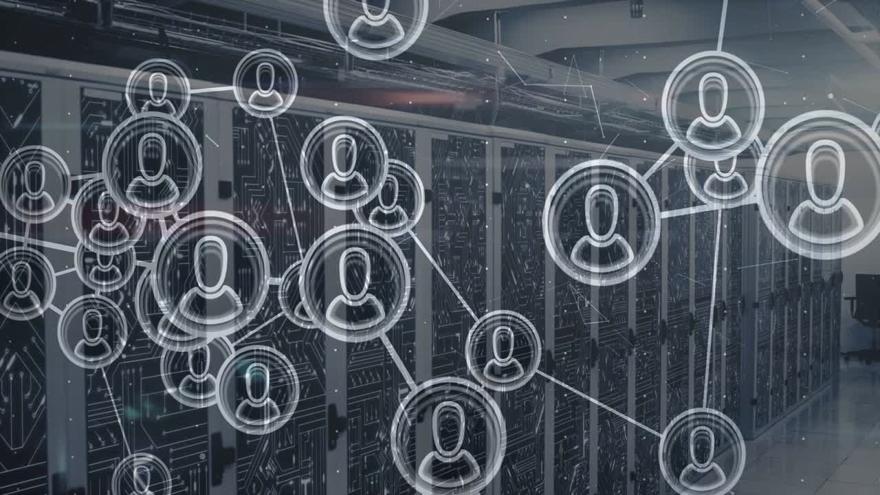 Data feed starting floating user icons growing network over datacenter racks, visualizing links
