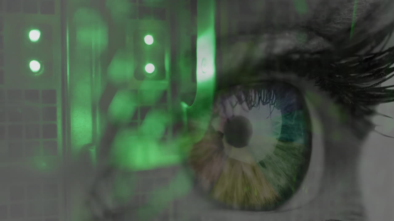 animación del ojo de la mujer sobre servidores de computadora