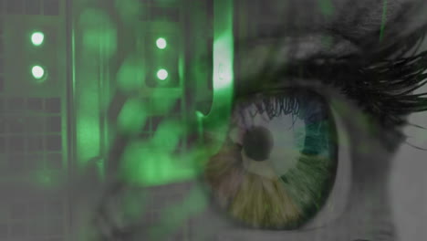 animación del ojo de la mujer sobre servidores de computadora