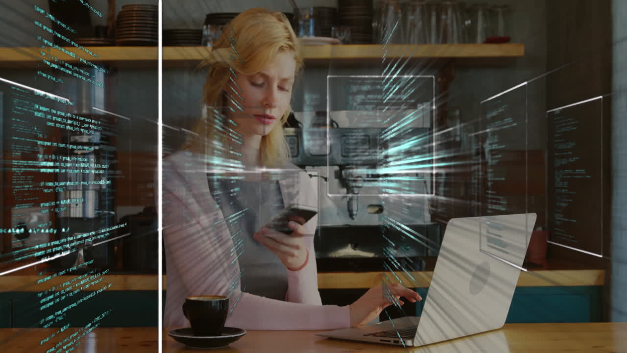 woman juggling smartphone-laptop with coffee cup at cafe counter displaying teal tech code streams