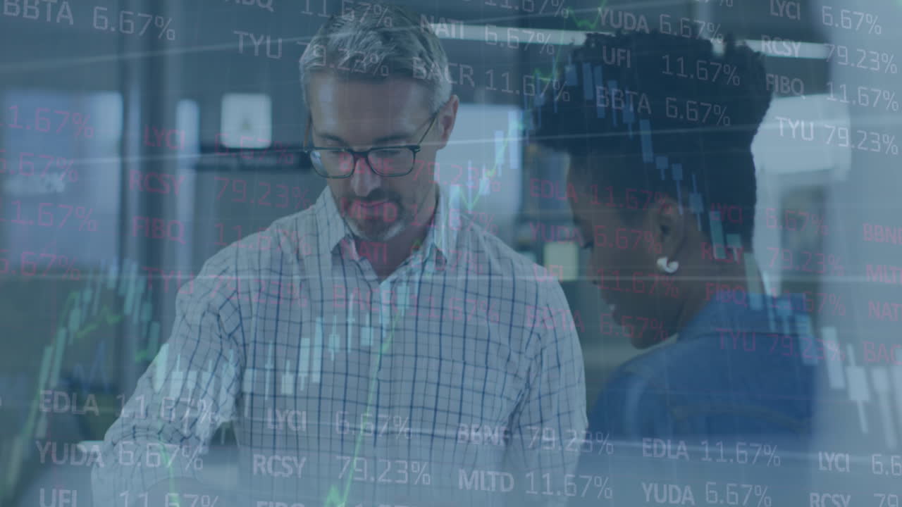 Animation of trading board and graphs over diverse coworkers sharing ideas in office
