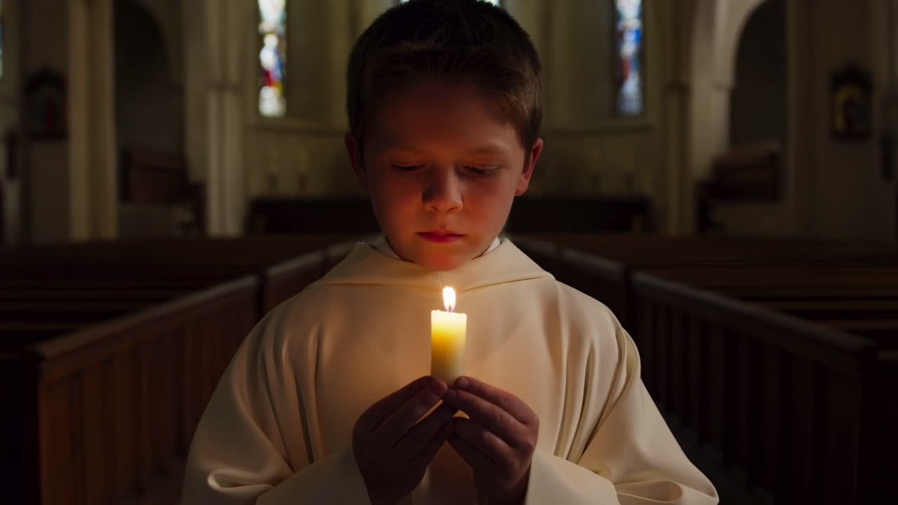 Young Boy Holding a Lit Candle in a Dimly Lit Church