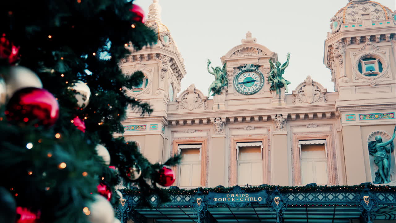 Monte Carlo , Monaco -December 23, 2024: Close up of decorations on a Christmas tree in front of the Monte Carlo Casino