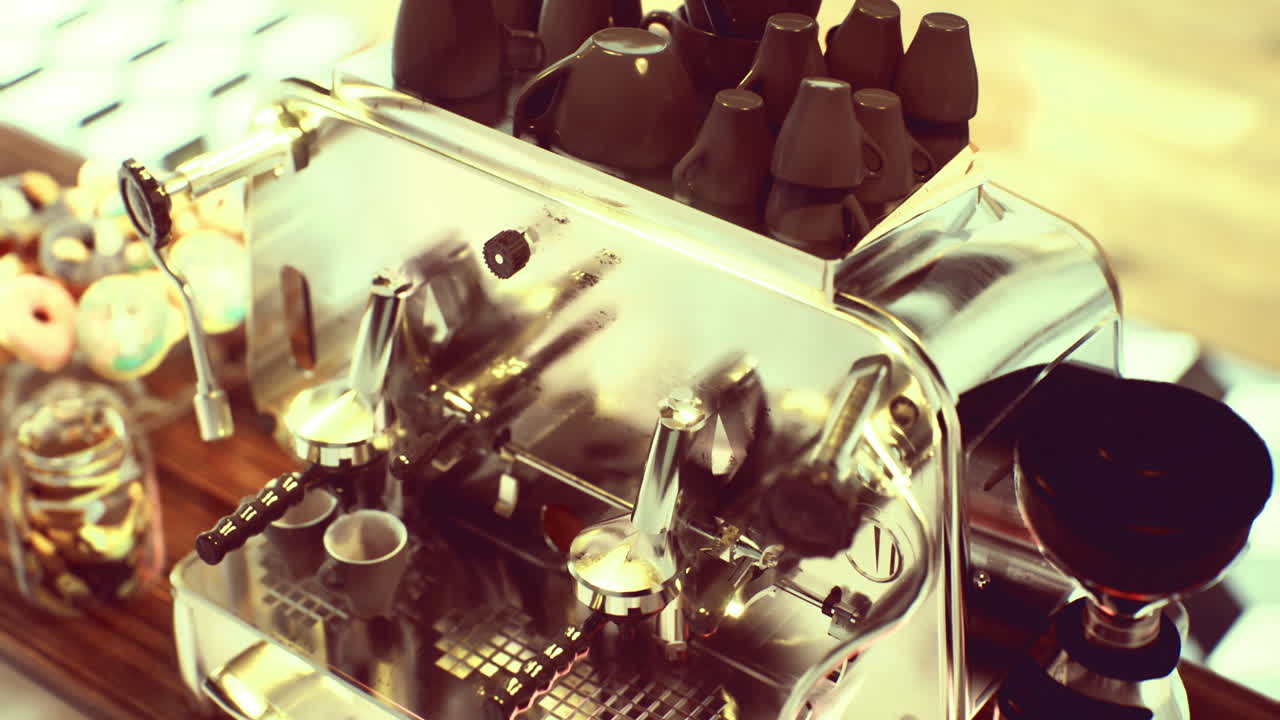 Coffee brewing equipment displayed in a cozy cafe setting during morning hours