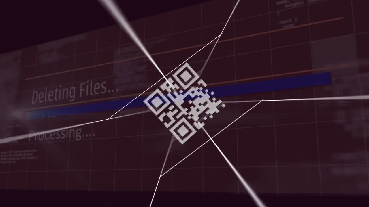 animación de códigos qr entre líneas sobre textos y lenguaje informático contra fondo negro