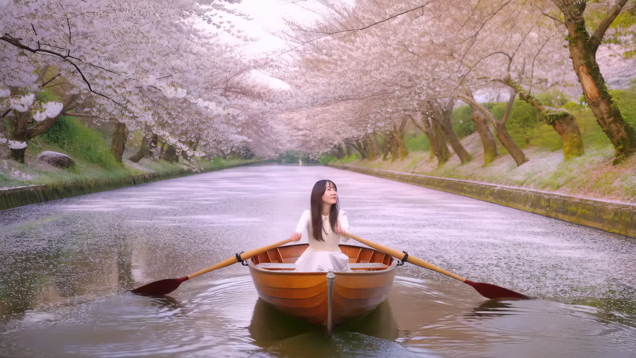 Woman in a Boat on a Cherry Blossom River