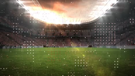 Digital-animation-of-multiple-dots-moving-against-sports-stadium-in-background