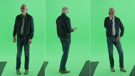 3-in-1 green screen collage: handsome middle aged man wearing casual clothes, standing, using smartphone, making a call. multiple angle best value package: front, side, back views