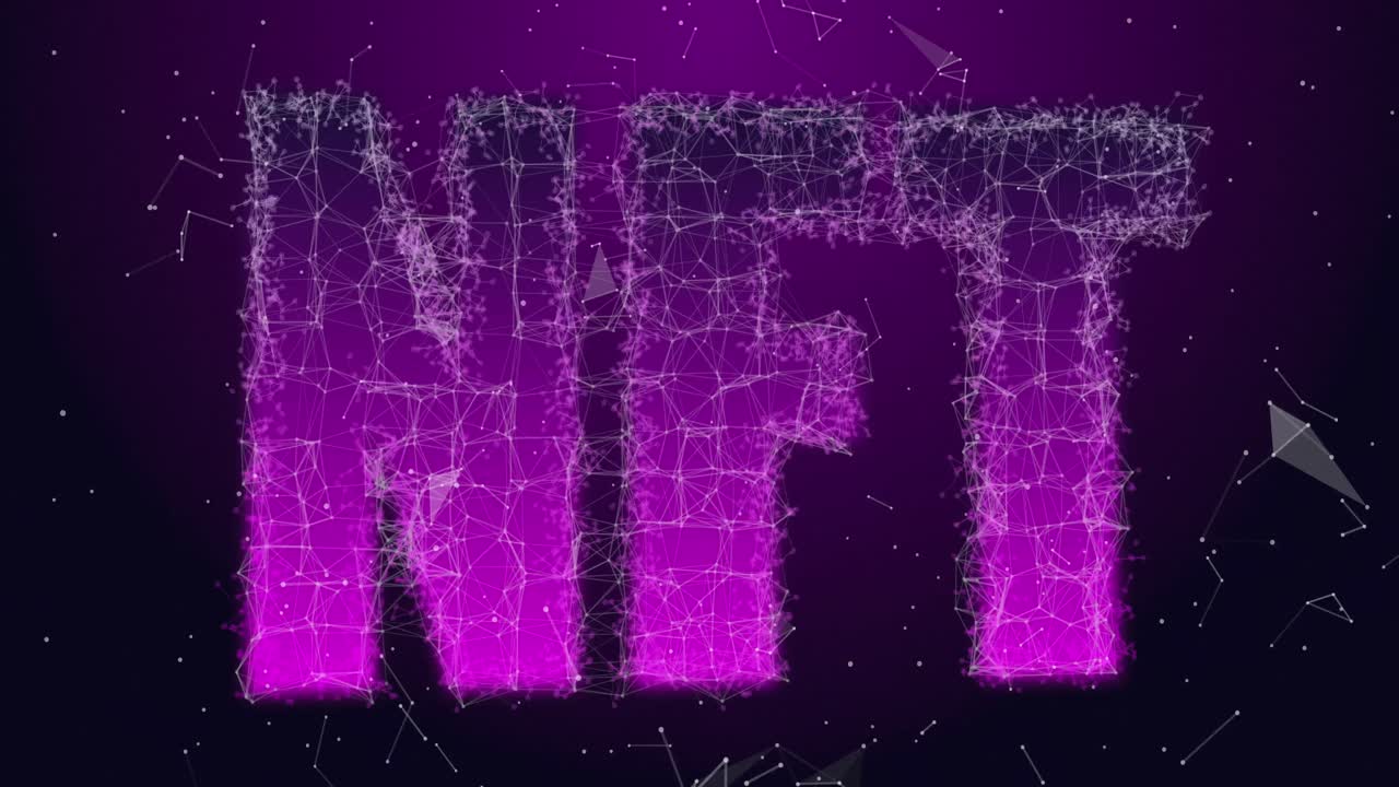 animación de texto nft púrpura con conexiones sobre fondo violeta