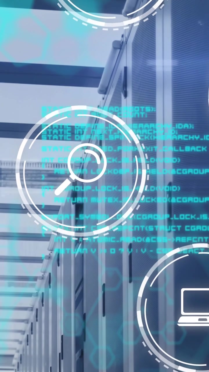 Animated Technology Icons and Code in a Data Center