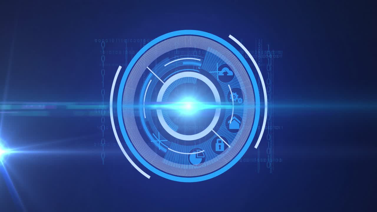 animación del escaneo del alcance y el procesamiento de datos sobre pantalla sobre fondo azul