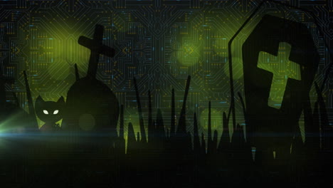animation of graves and cat over computer circuit board at halloween