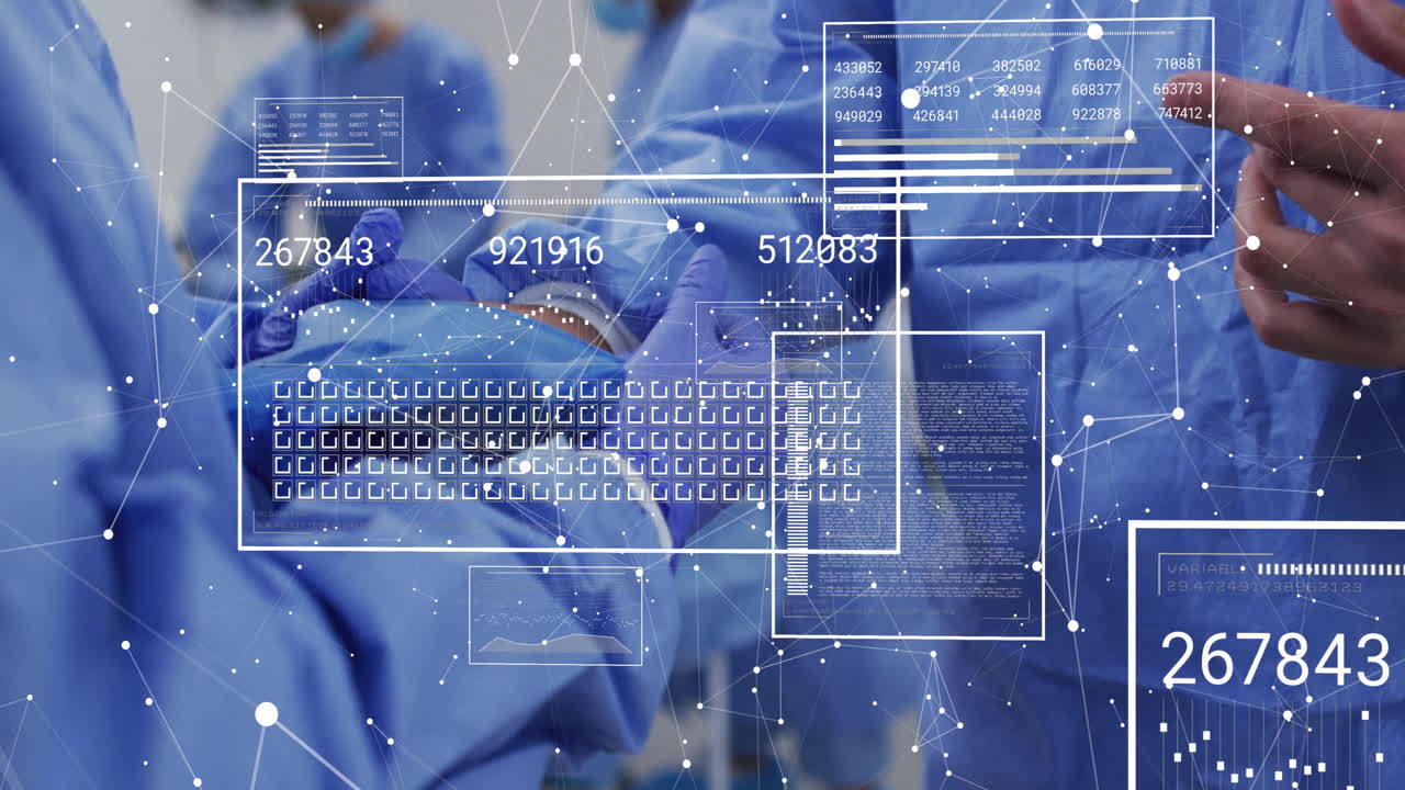Animation of data processing and diagrams over diverse surgeons in operating room