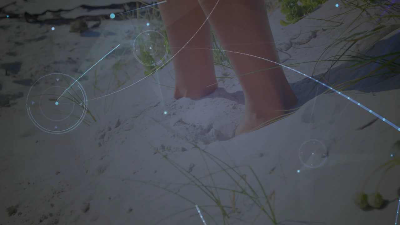 Bare feet sinking into soft white sand, showing flat design with digital lines and dune grass