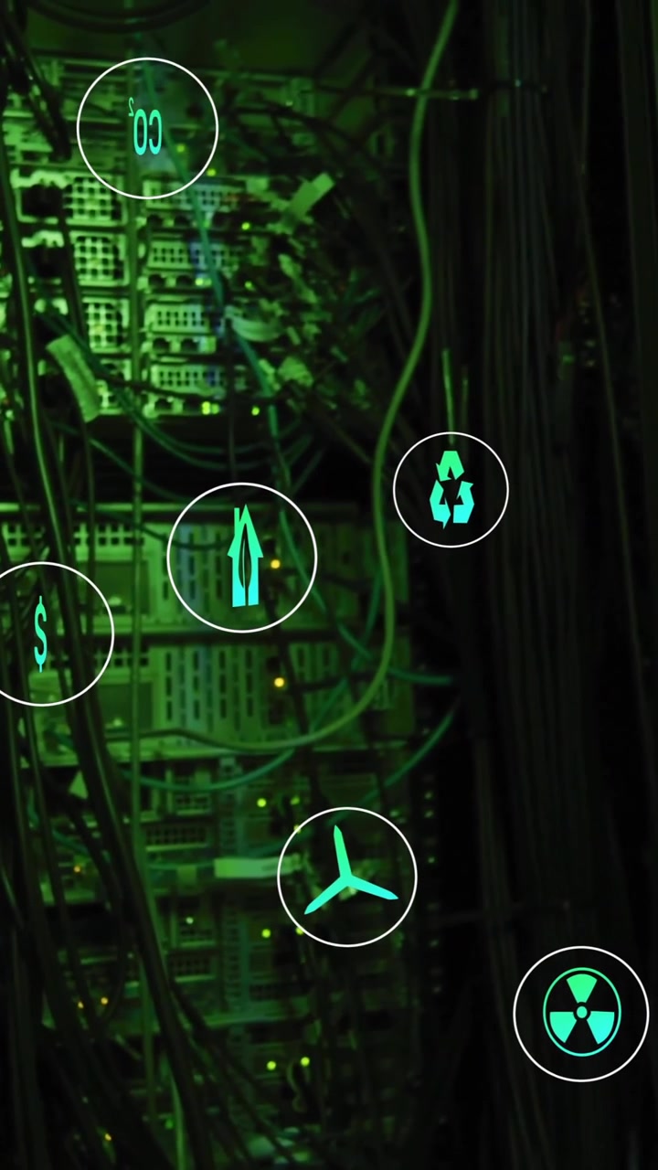 Animation of eco icons and digital data processing over computer servers