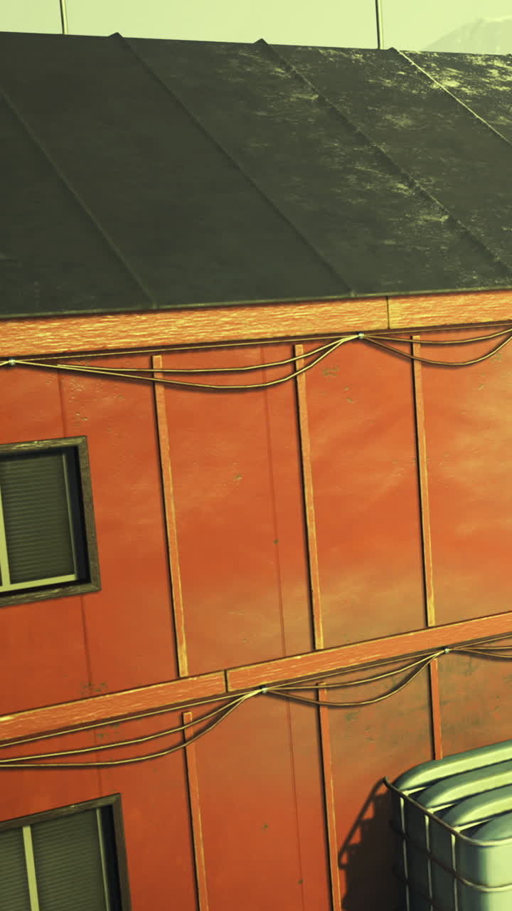 Red building with wires and window seen in urban setting during daytime