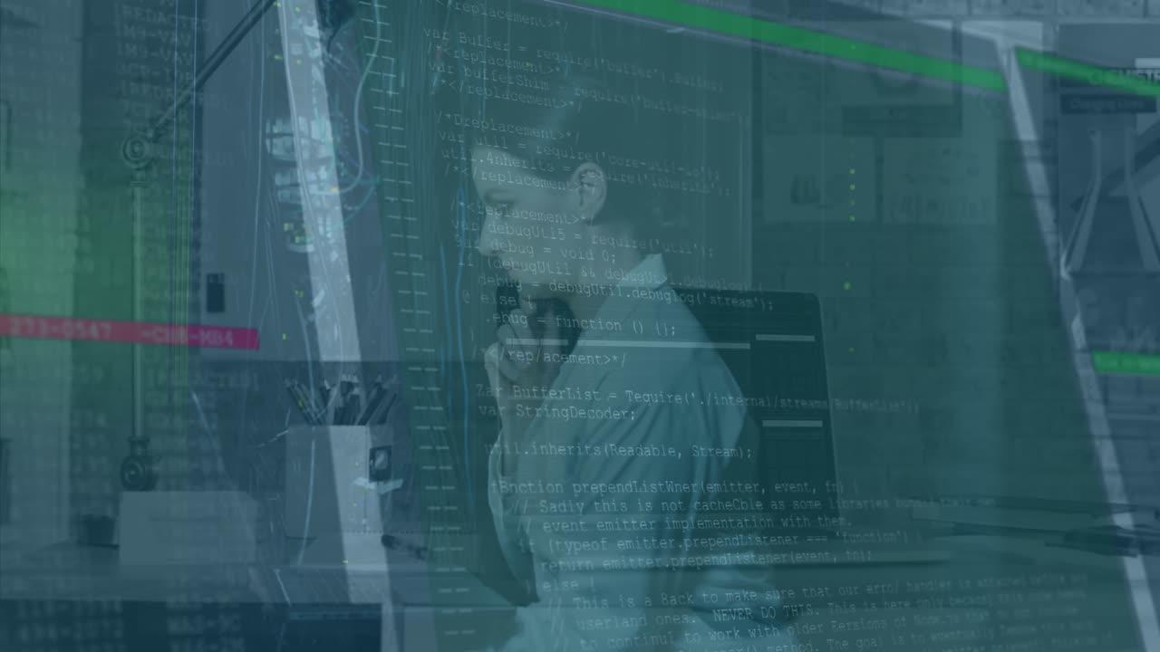 Animation of financial data processing over caucasian businesswoman in server room