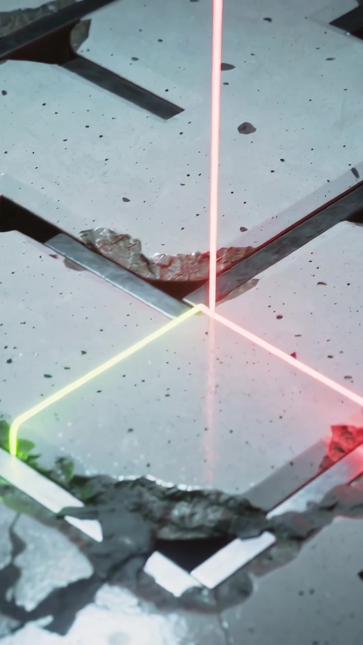 Vertikal video: Sporing af laserstråler, vertikal stråle falder ned og bliver rød, oplyser revnet gulv.